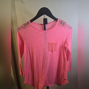 Poof! Pink Long Sleeve Top with Lace Accents